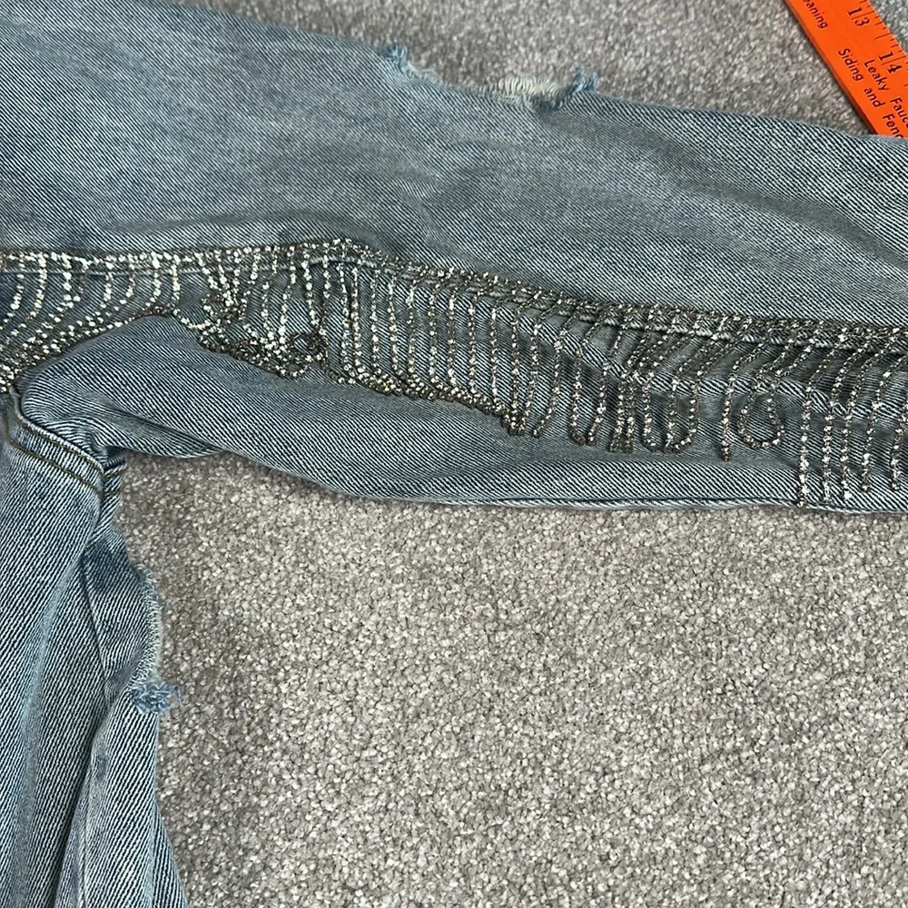 Distressed, rhinestone, fringe, jean jacket,‎ grunge, punk band rock